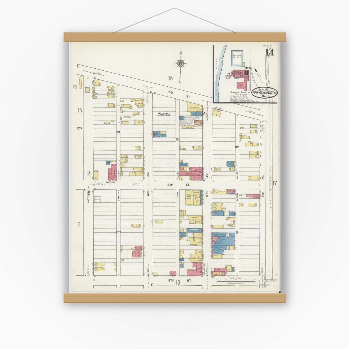 Old map wall art mockup — magnetic wood frame on white wall — Sanborn Fire Insurance Map from New Kensington, Westmoreland County, Pennsylvania (1921), Sheet #0014