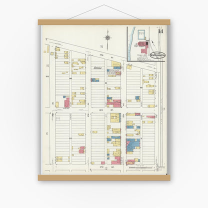 Old map wall art mockup — magnetic wood frame on white wall — Sanborn Fire Insurance Map from New Kensington, Westmoreland County, Pennsylvania (1921), Sheet #0014