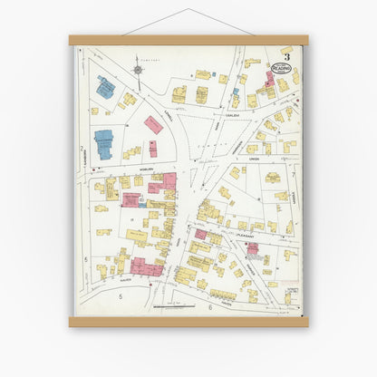 Old map wall art mockup — magnetic wood frame on white wall — Sanborn Fire Insurance Map from Reading, Middlesex County, Massachusetts (1918), Sheet #0003