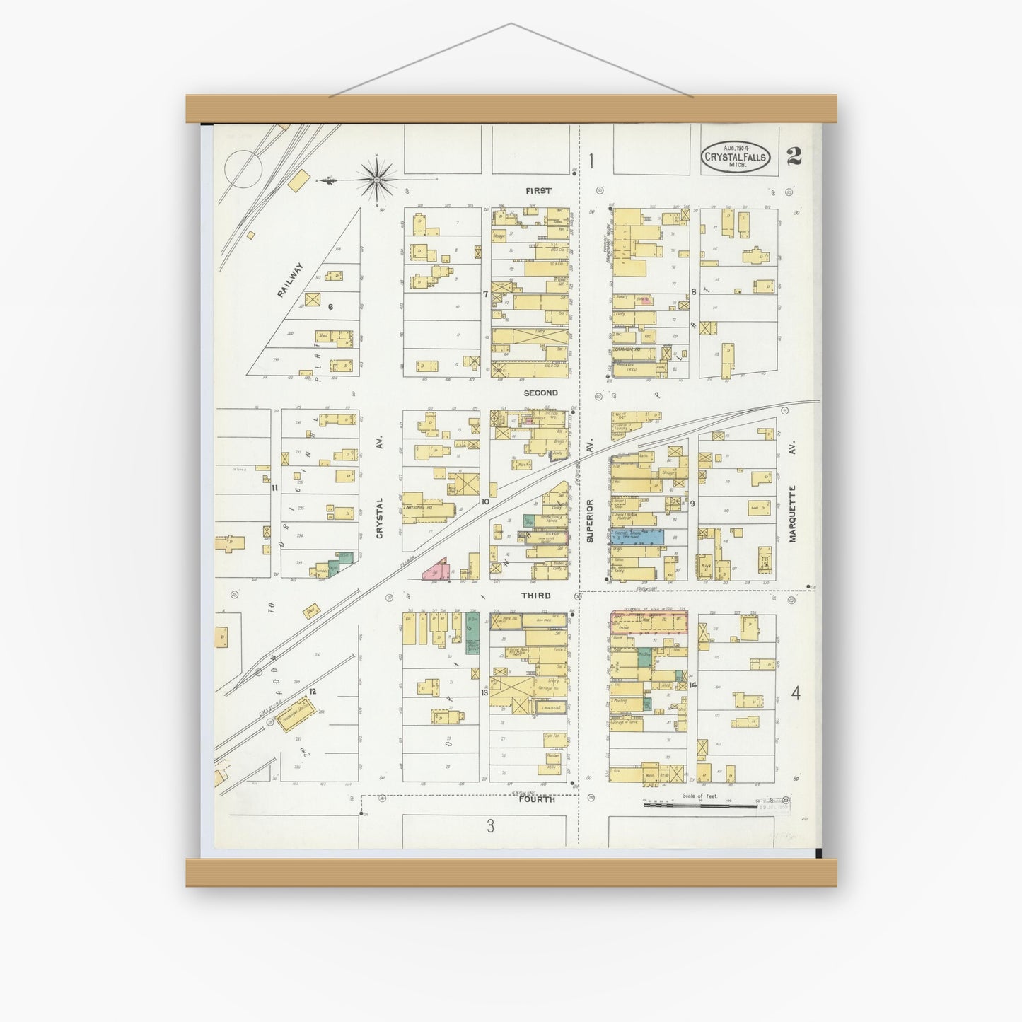 Old map wall art mockup — magnetic wood frame on white wall — Sanborn Fire Insurance Map from Crystal Falls, Iron County, Michigan (1904), Sheet #0002