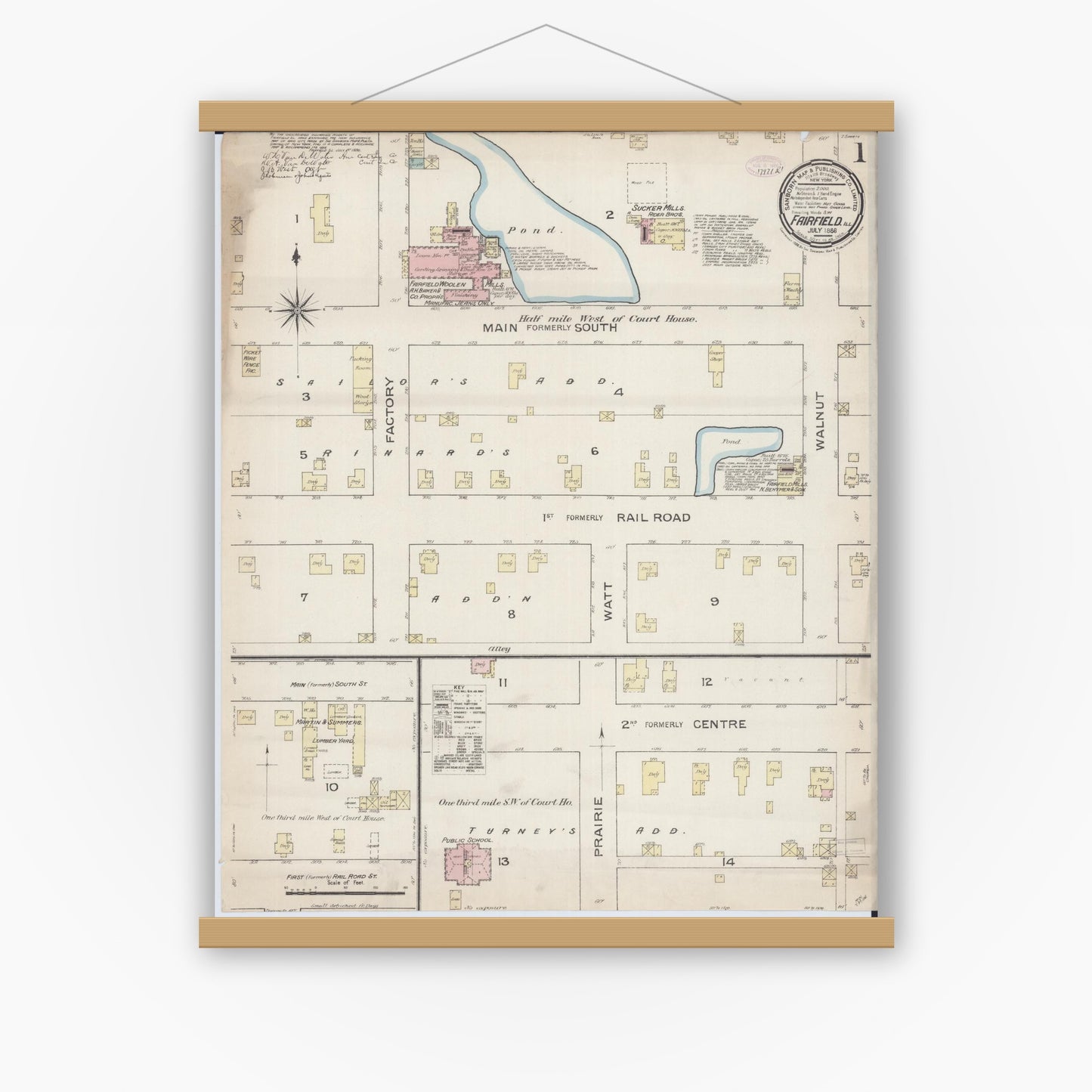 Old map wall art mockup — magnetic wood frame on white wall — Sanborn Fire Insurance Map from Fairfield, Wayne County, Illinois (1886) - Complete Map Set