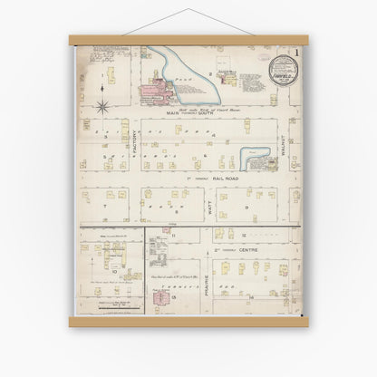 Old map wall art mockup — magnetic wood frame on white wall — Sanborn Fire Insurance Map from Fairfield, Wayne County, Illinois (1886) - Complete Map Set