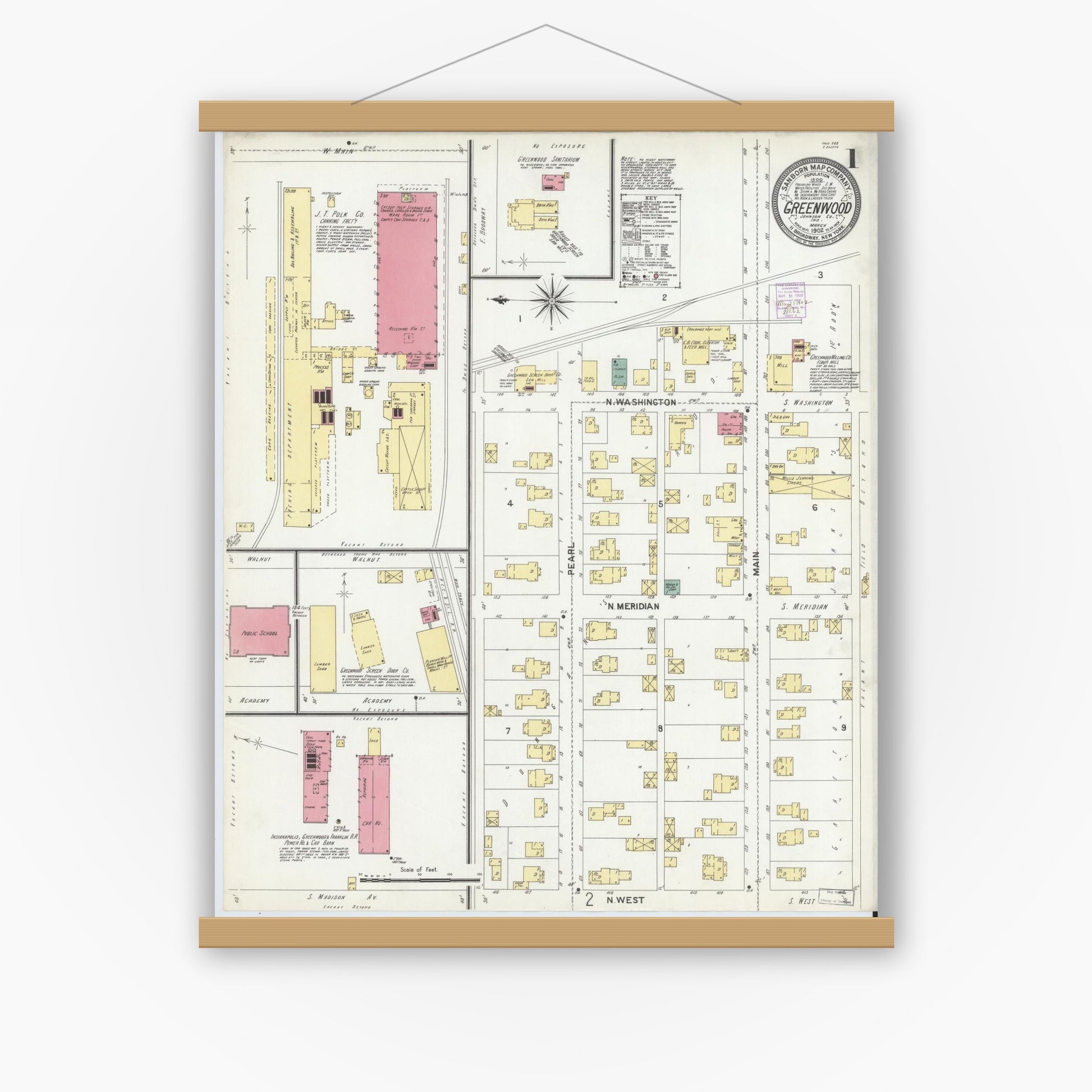 Old map wall art mockup — magnetic wood frame on white wall — Sanborn Fire Insurance Map from Greenwood, Johnson County, Indiana (1902) - Complete Map Set
