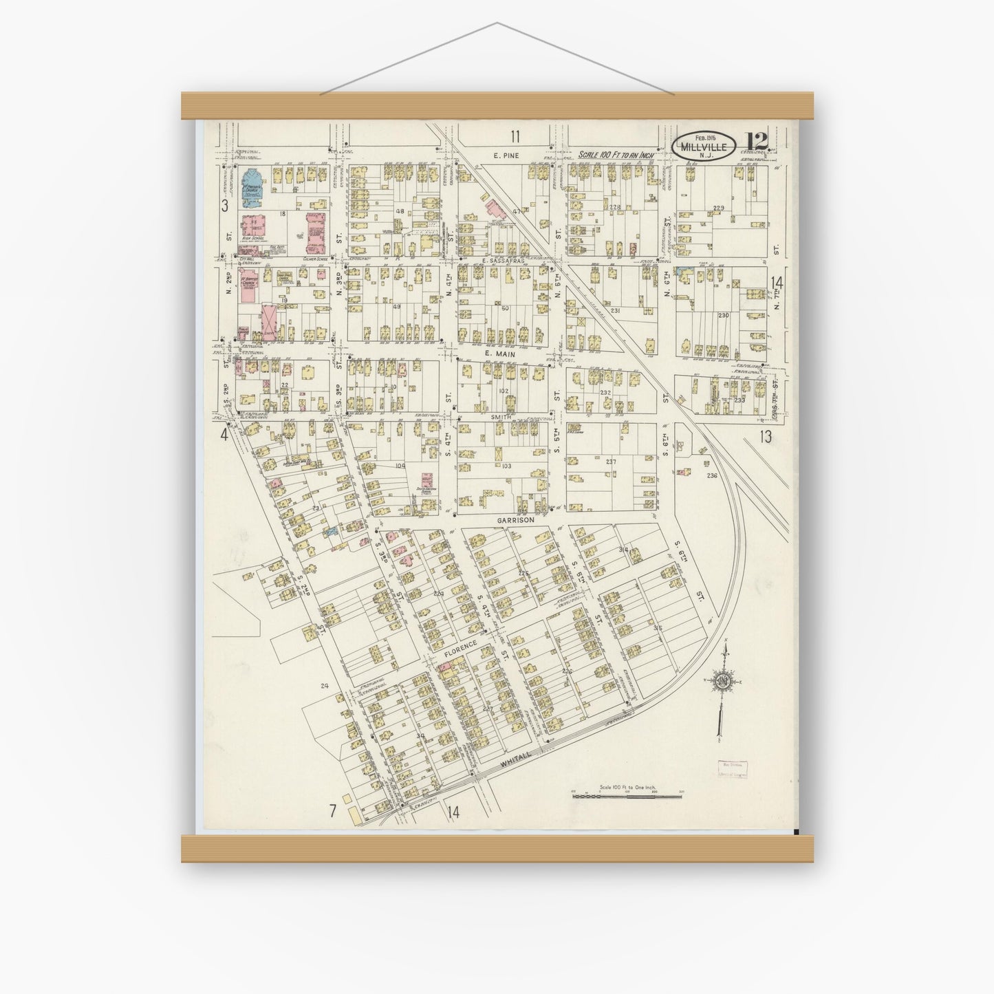 Old map wall art mockup — magnetic wood frame on white wall — Sanborn Fire Insurance Map from Millville, Cumberland County, New Jersey (1915), Sheet #0012