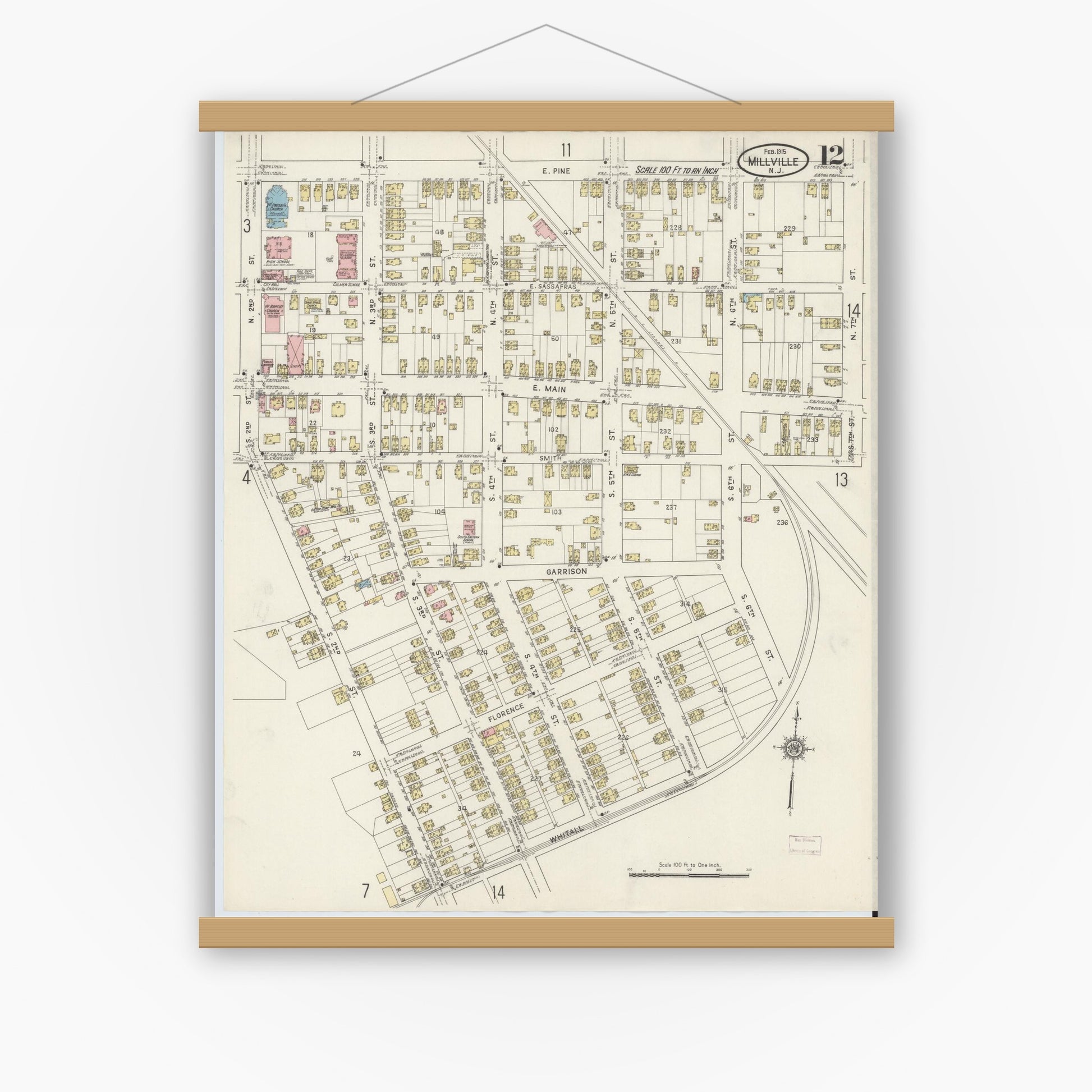 Old map wall art mockup — magnetic wood frame on white wall — Sanborn Fire Insurance Map from Millville, Cumberland County, New Jersey (1915), Sheet #0012