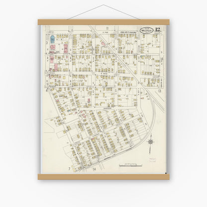 Old map wall art mockup — magnetic wood frame on white wall — Sanborn Fire Insurance Map from Millville, Cumberland County, New Jersey (1915), Sheet #0012