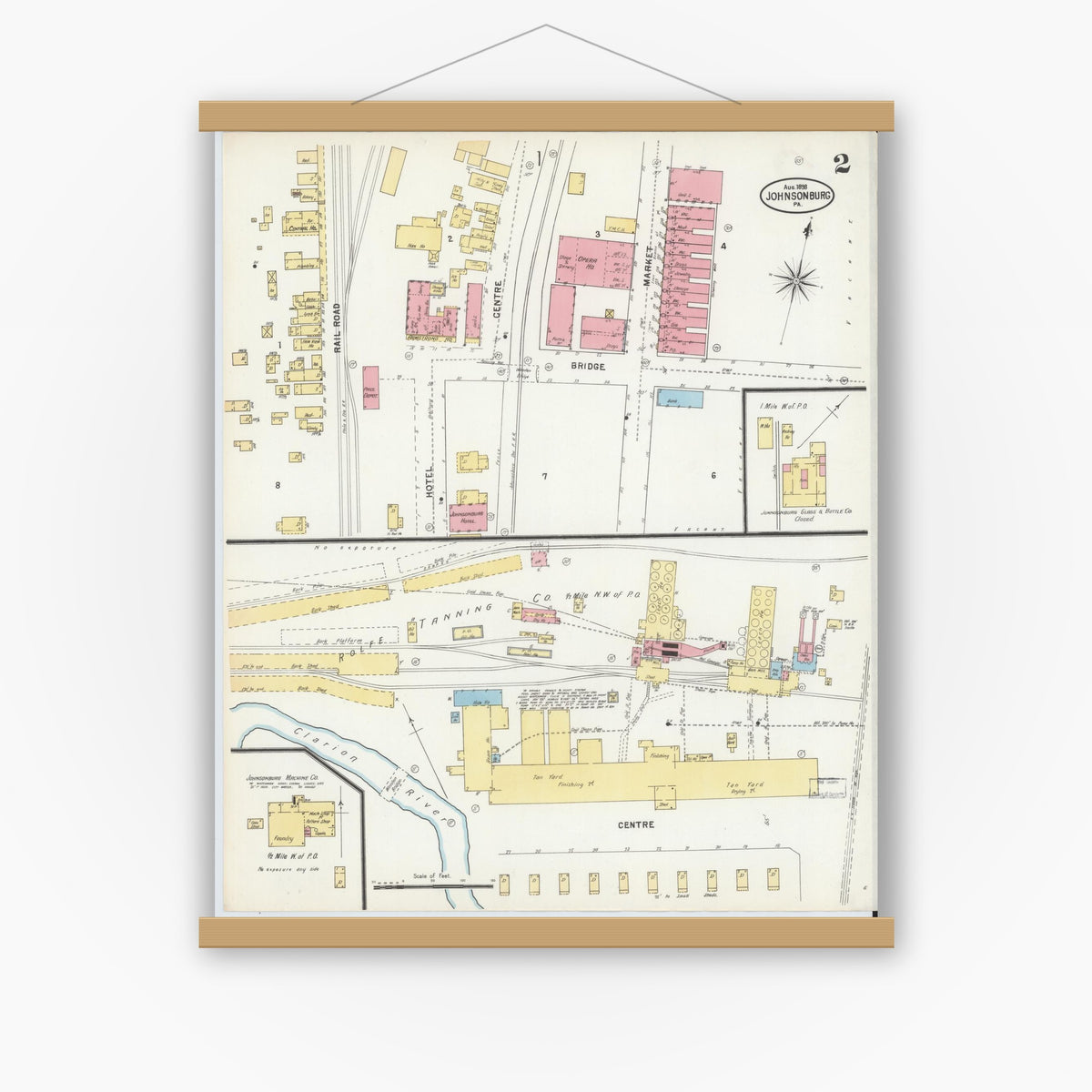 Old map wall art mockup — magnetic wood frame on white wall — Sanborn Fire Insurance Map from Johnsonburg, Elk County, Pennsylvania (1898), Sheet #0002