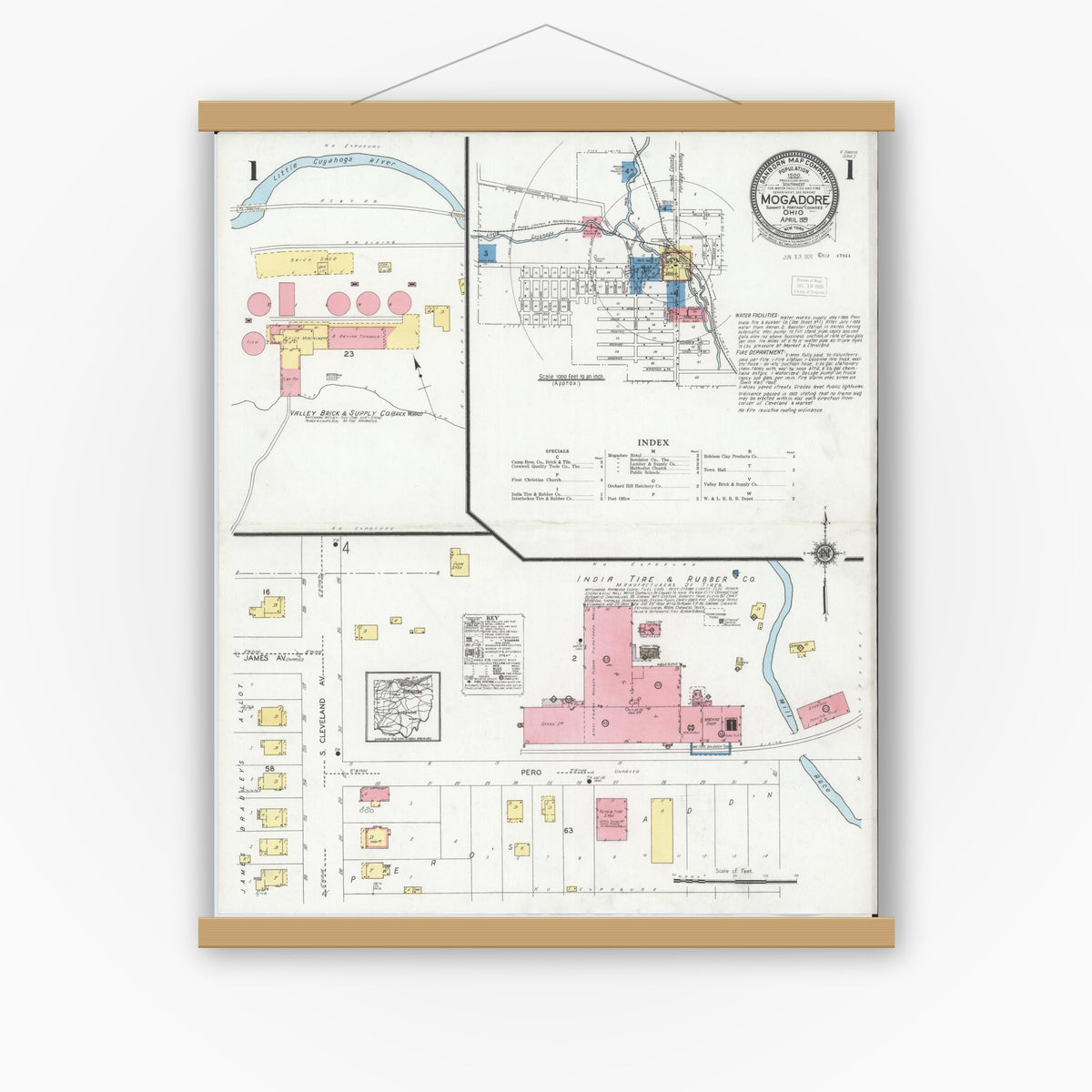 Old map wall art mockup — magnetic wood frame on white wall — Sanborn Fire Insurance Map from Mogadore, Summit And Portage Counties, Ohio (1929) - Complete Map Set