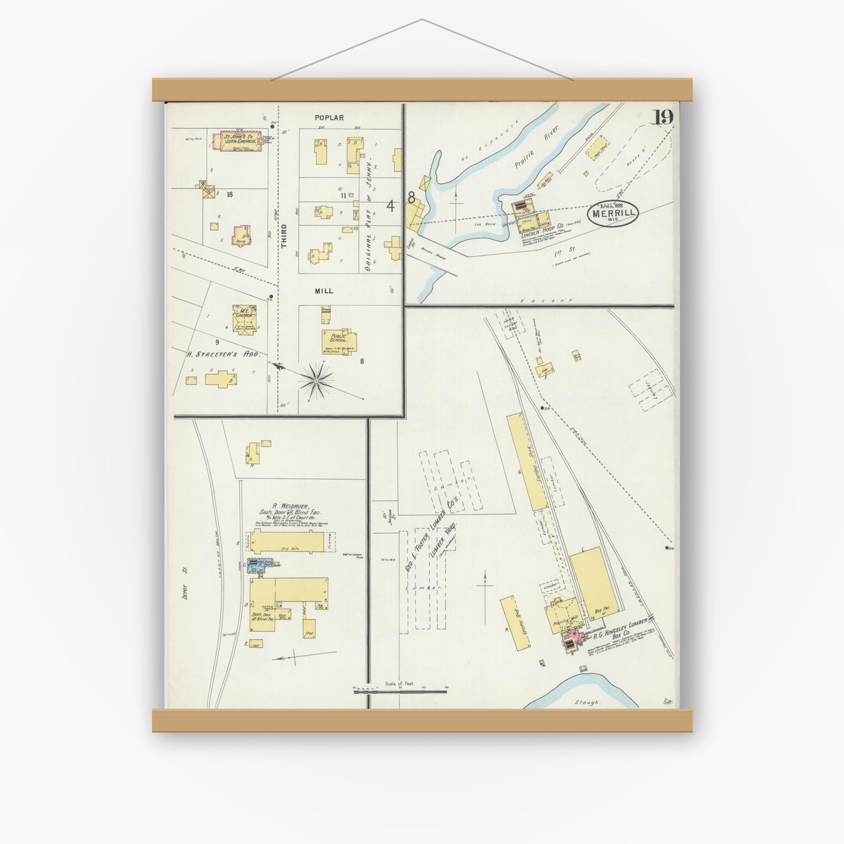 Old map wall art mockup — magnetic wood frame on white wall — Sanborn Fire Insurance Map from Merrill, Lincoln County, Wisconsin (1898), Sheet #0019