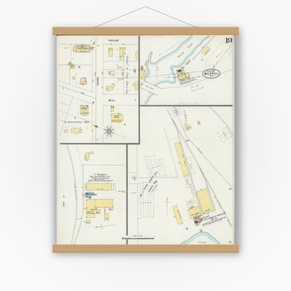 Old map wall art mockup — magnetic wood frame on white wall — Sanborn Fire Insurance Map from Merrill, Lincoln County, Wisconsin (1898), Sheet #0019