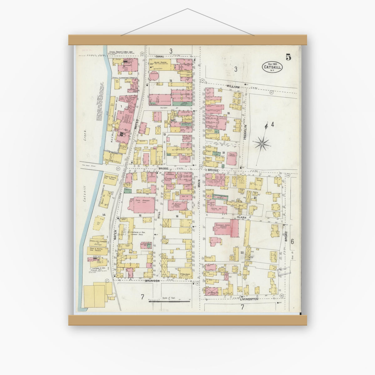 Old map wall art mockup — magnetic wood frame on white wall — Sanborn Fire Insurance Map from Catskill, Greene County, New York (1903), Sheet #0005