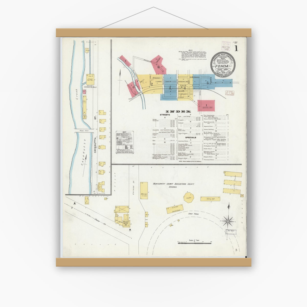 Old map wall art mockup — magnetic wood frame on white wall — Sanborn Fire Insurance Map from Fonda, Montgomery County, New York (1906) - Complete Map Set