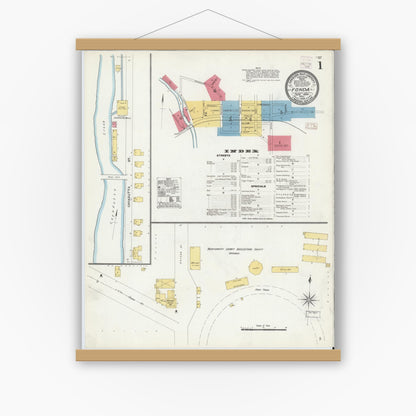 Old map wall art mockup — magnetic wood frame on white wall — Sanborn Fire Insurance Map from Fonda, Montgomery County, New York (1906) - Complete Map Set