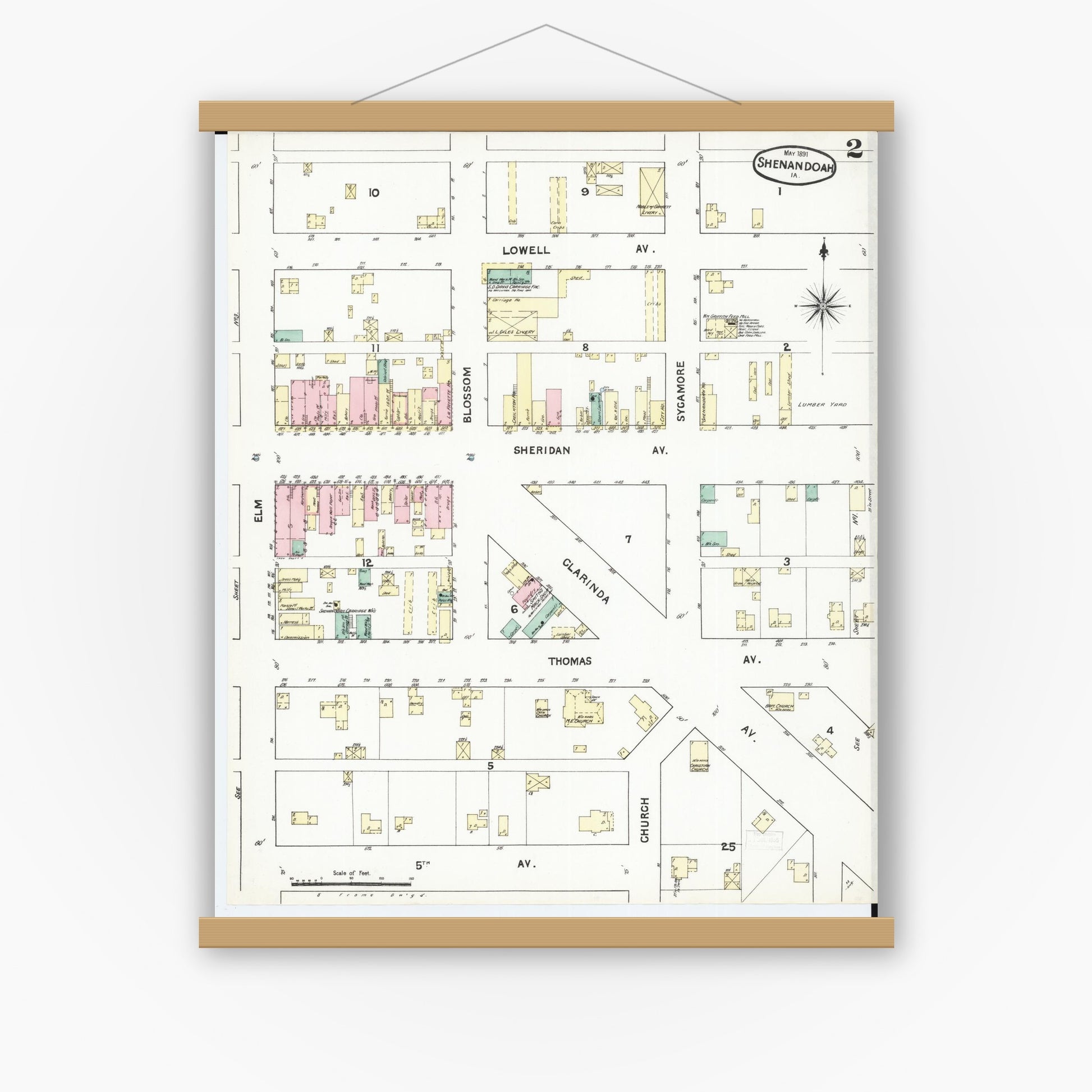 Old map wall art mockup — magnetic wood frame on white wall — Sanborn Fire Insurance Map from Shenandoah, Page County, Iowa (1891), Sheet #0002