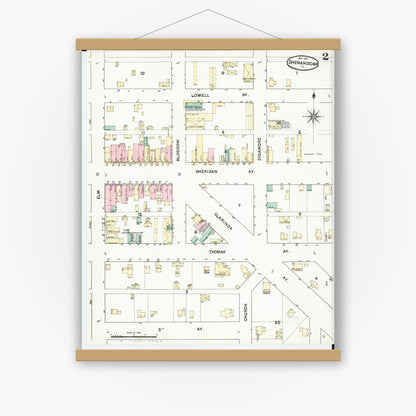 Old map wall art mockup — magnetic wood frame on white wall — Sanborn Fire Insurance Map from Shenandoah, Page County, Iowa (1891), Sheet #0002
