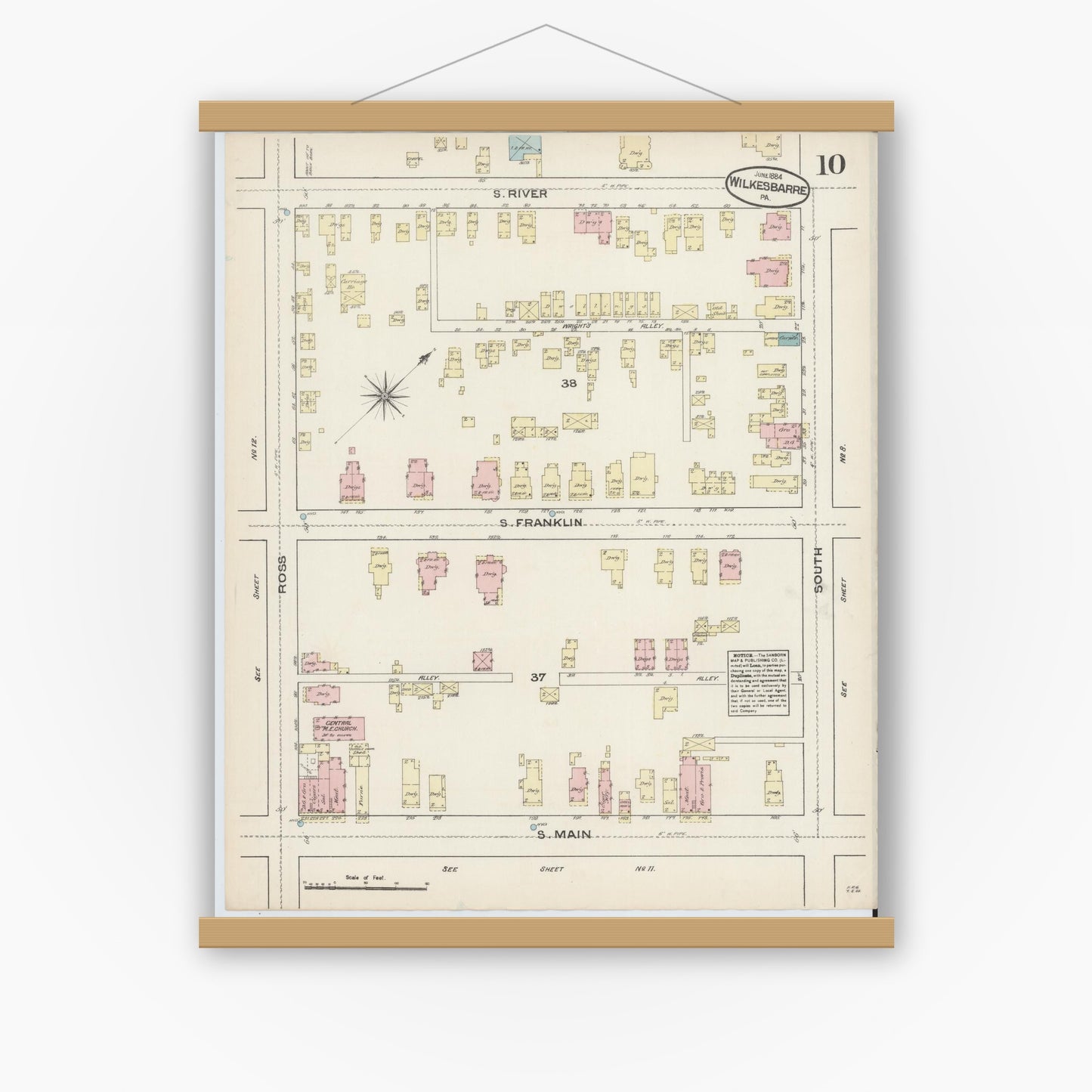 Old map wall art mockup — magnetic wood frame on white wall — Sanborn Fire Insurance Map from Wilkes Barre, Luzerne County, Pennsylvania (1884), Sheet #0010