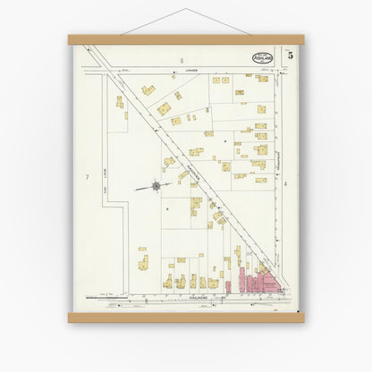 Old map wall art mockup — magnetic wood frame on white wall — Sanborn Fire Insurance Map from Ashland, Hanover County, Virginia (1921), Sheet #0005