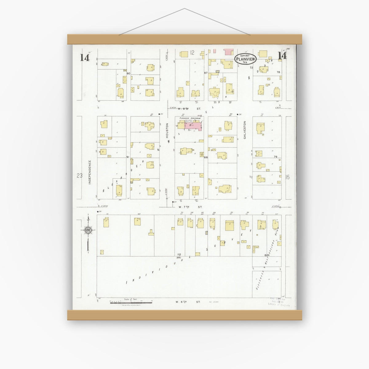 Old map wall art mockup — magnetic wood frame on white wall — Sanborn Fire Insurance Map from Plainview, Hale County, Texas (1927), Sheet #0014