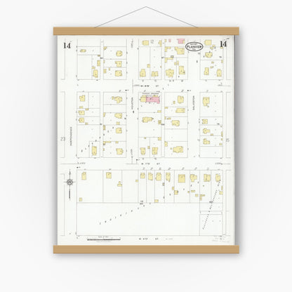 Old map wall art mockup — magnetic wood frame on white wall — Sanborn Fire Insurance Map from Plainview, Hale County, Texas (1927), Sheet #0014