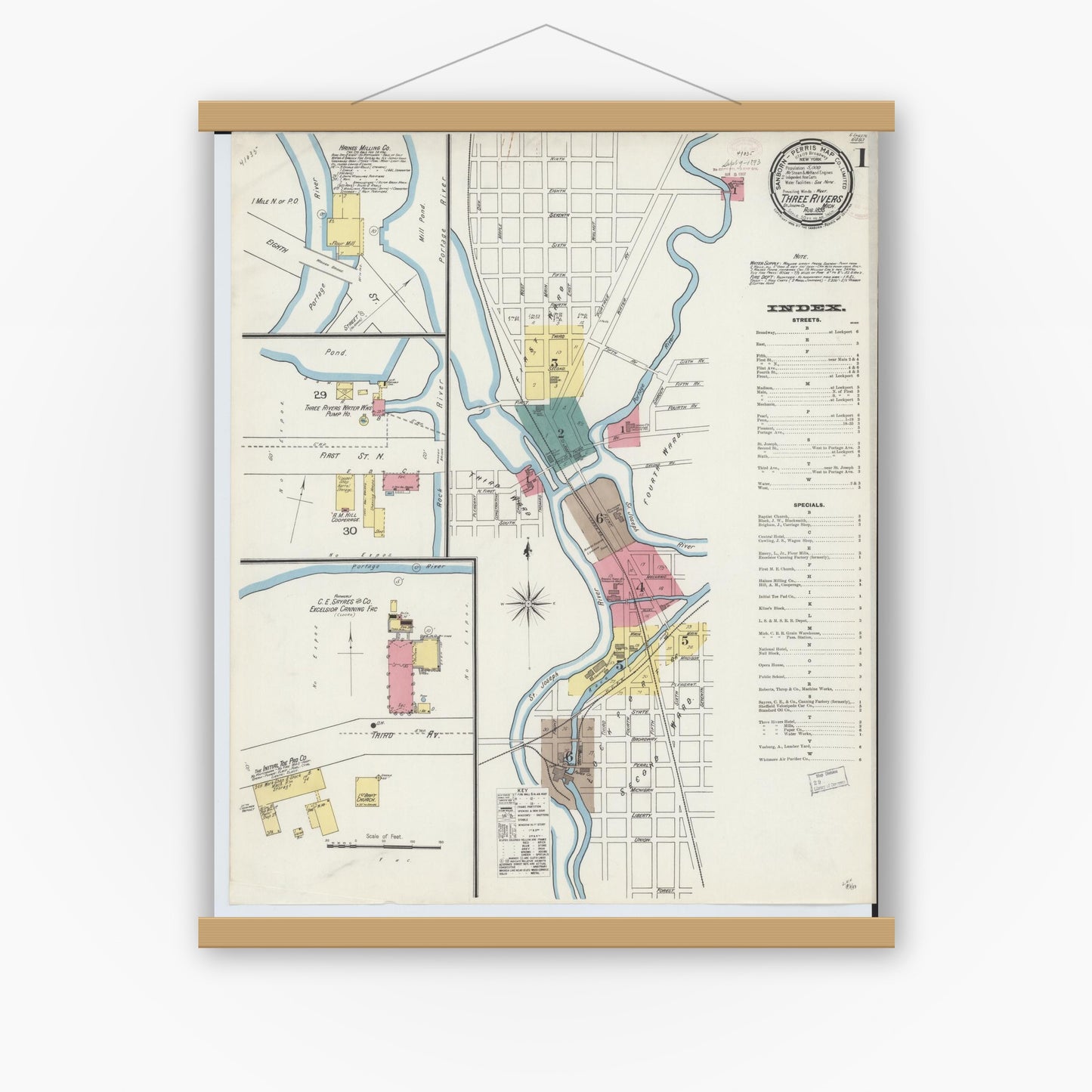 Old map wall art mockup — magnetic wood frame on white wall — Sanborn Fire Insurance Map from Three Rivers, Saint Joseph County, Michigan (1893), Sheet #0001