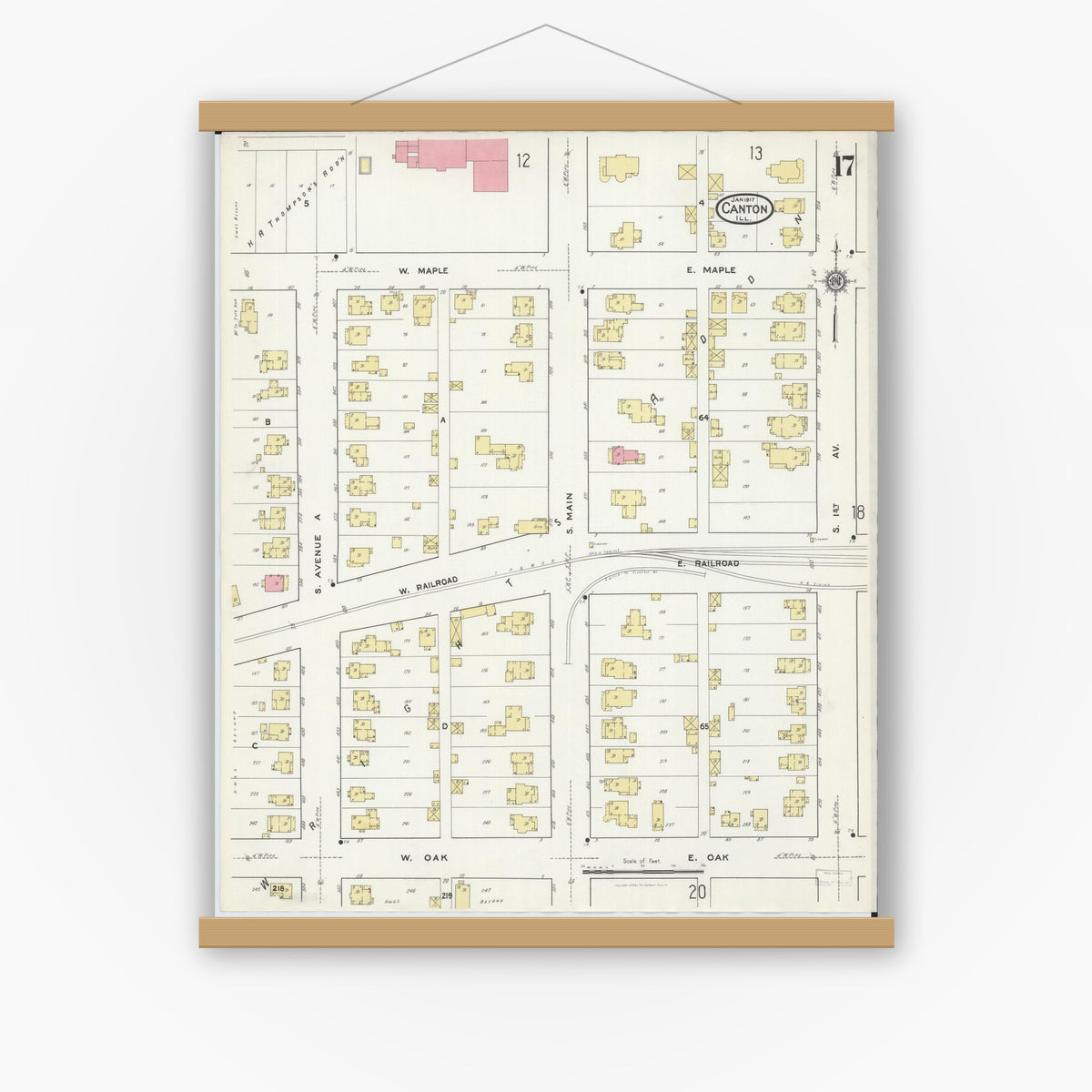 Old map wall art mockup — magnetic wood frame on white wall — Sanborn Fire Insurance Map from Canton, Fulton County, Illinois (1917), Sheet #0017