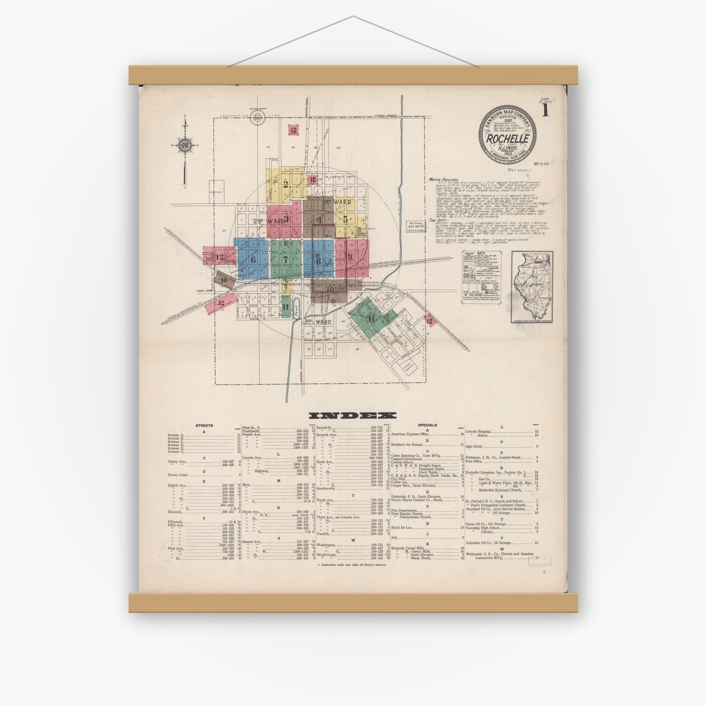Old map wall art mockup — magnetic wood frame on white wall — Sanborn Fire Insurance Map from Rochelle, Ogle County, Illinois (1922), Sheet #0001