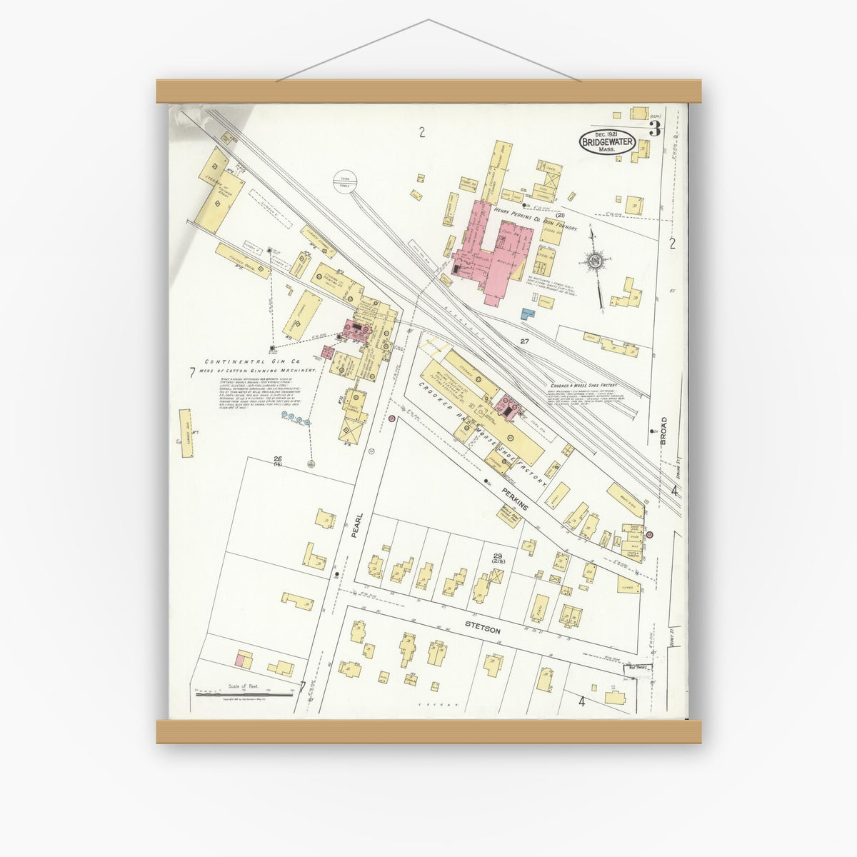 Old map wall art mockup — magnetic wood frame on white wall — Sanborn Fire Insurance Map from Bridgewater, Plymouth County, Massachusetts (1921), Sheet #0003