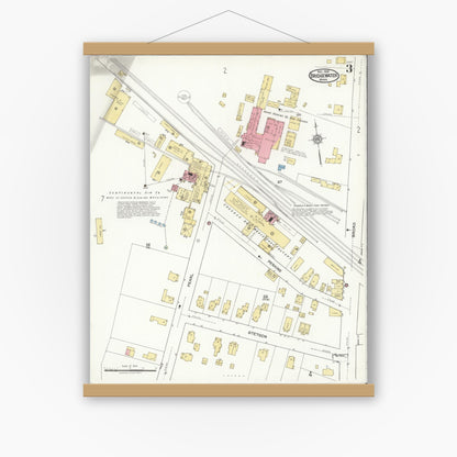 Old map wall art mockup — magnetic wood frame on white wall — Sanborn Fire Insurance Map from Bridgewater, Plymouth County, Massachusetts (1921), Sheet #0003