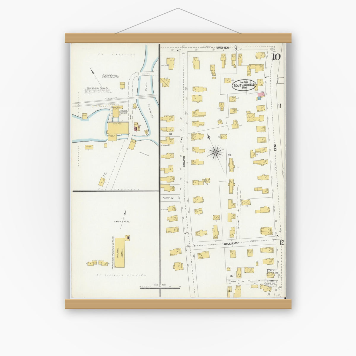 Old map wall art mockup — magnetic wood frame on white wall — Sanborn Fire Insurance Map from Southbridge, Worcester County, Massachusetts (1904), Sheet #0010