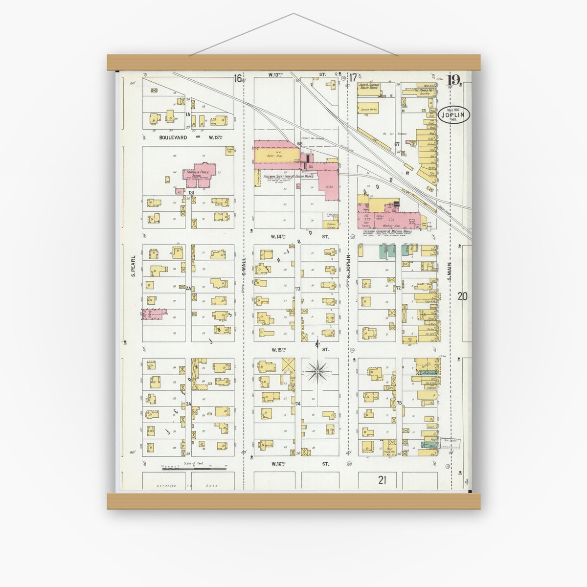 Old map wall art mockup — magnetic wood frame on white wall — Sanborn Fire Insurance Map from Joplin, Jasper County, Missouri (1900), Sheet #0019