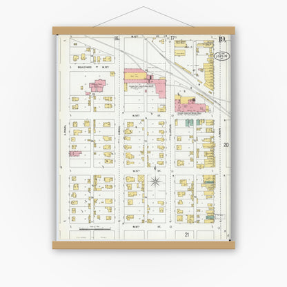 Old map wall art mockup — magnetic wood frame on white wall — Sanborn Fire Insurance Map from Joplin, Jasper County, Missouri (1900), Sheet #0019
