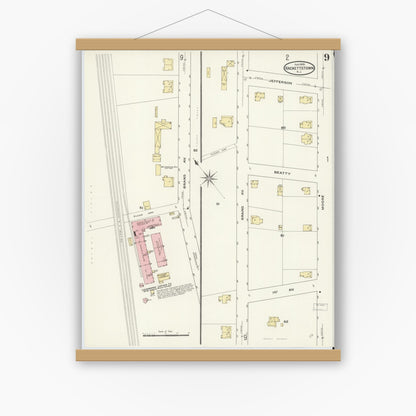 Old map wall art mockup — magnetic wood frame on white wall — Sanborn Fire Insurance Map from Hackettstown, Warren County, New Jersey (1909), Sheet #0009