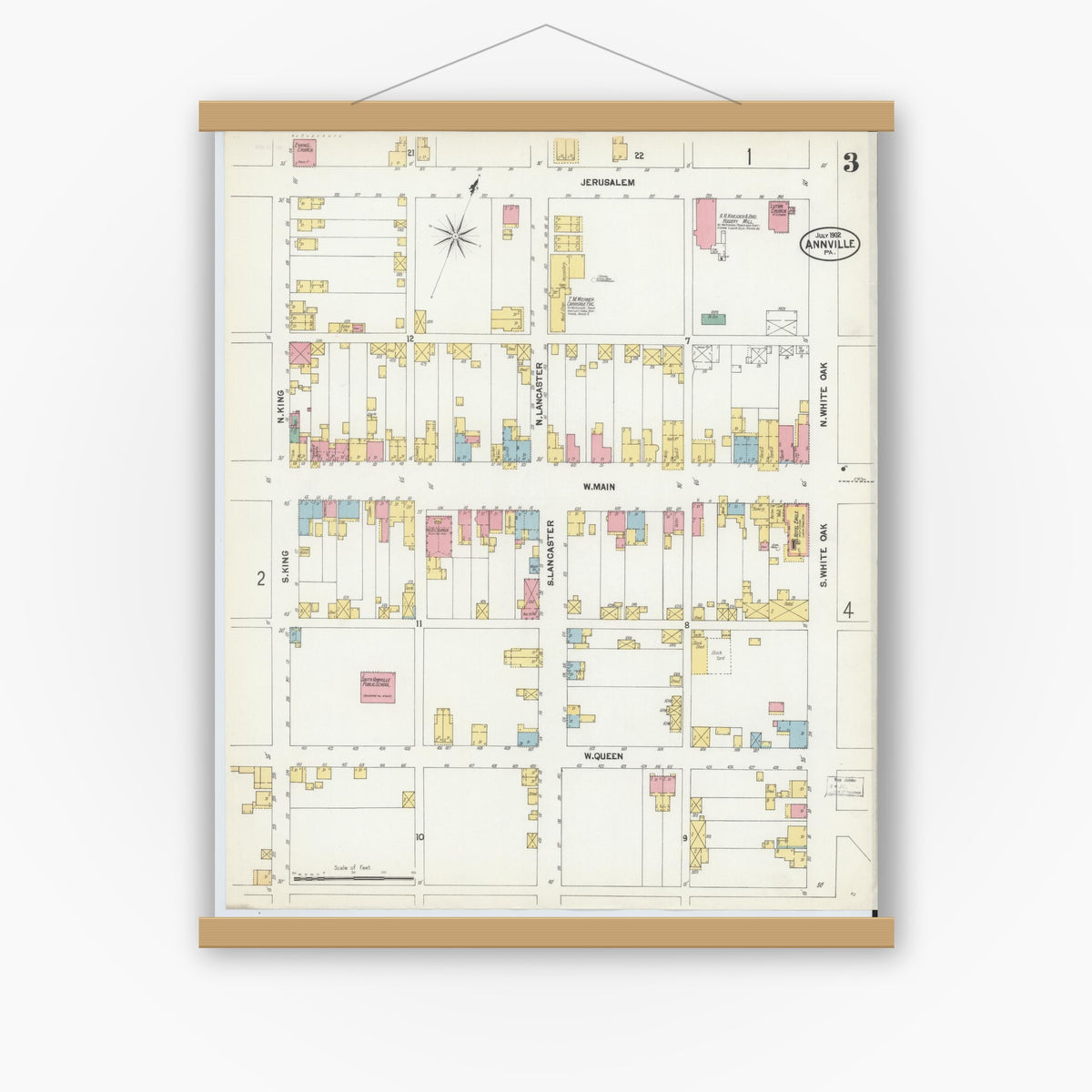 Old map wall art mockup — magnetic wood frame on white wall — Sanborn Fire Insurance Map from Annville, Lebanon County, Pennsylvania (1902), Sheet #0003