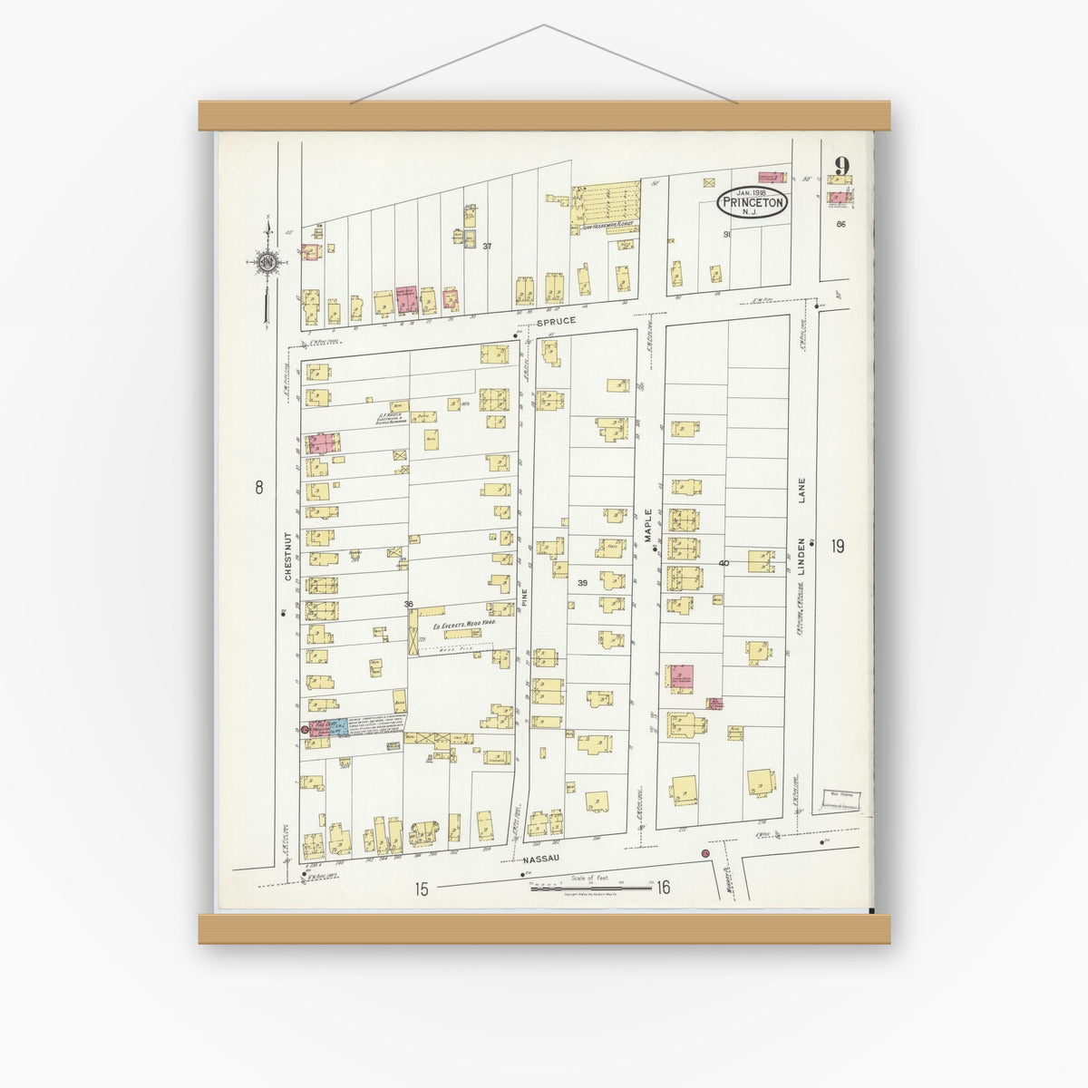 Old map wall art mockup — magnetic wood frame on white wall — Sanborn Fire Insurance Map from Princeton, Mercer County, New Jersey (1918), Sheet #0009