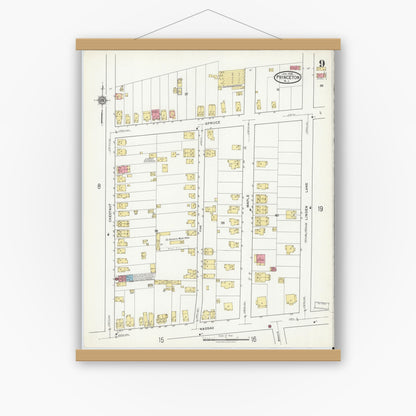 Old map wall art mockup — magnetic wood frame on white wall — Sanborn Fire Insurance Map from Princeton, Mercer County, New Jersey (1918), Sheet #0009