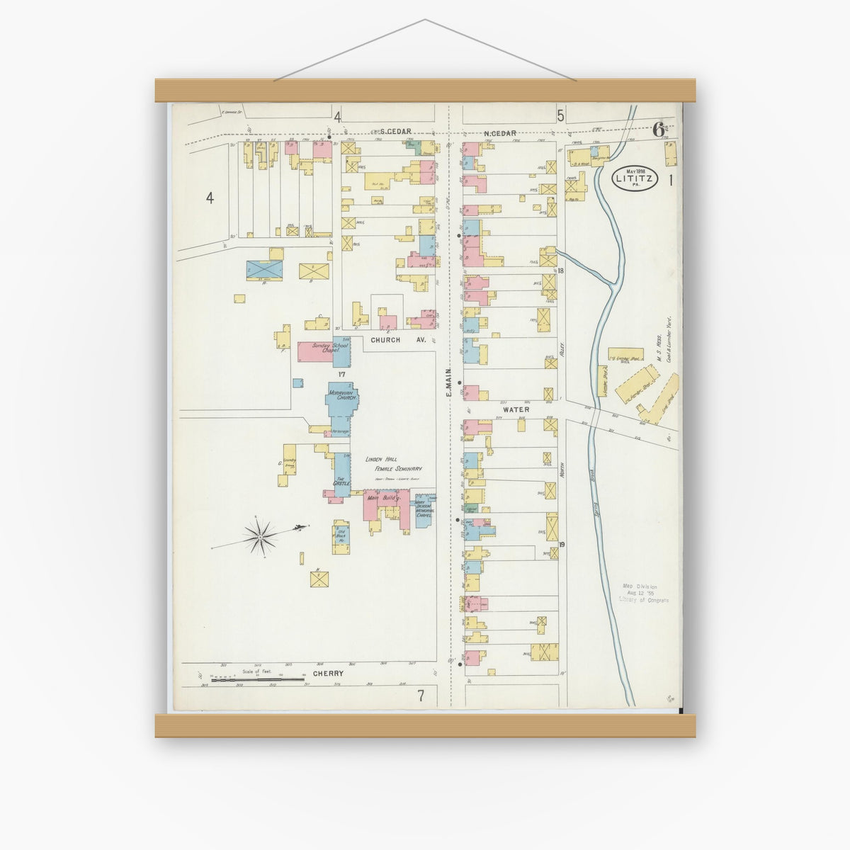 Old map wall art mockup — magnetic wood frame on white wall — Sanborn Fire Insurance Map from Lititz, Lancaster County, Pennsylvania (1898), Sheet #0006