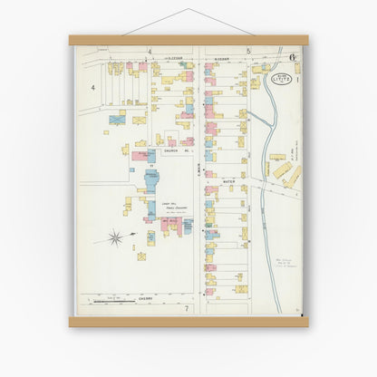 Old map wall art mockup — magnetic wood frame on white wall — Sanborn Fire Insurance Map from Lititz, Lancaster County, Pennsylvania (1898), Sheet #0006