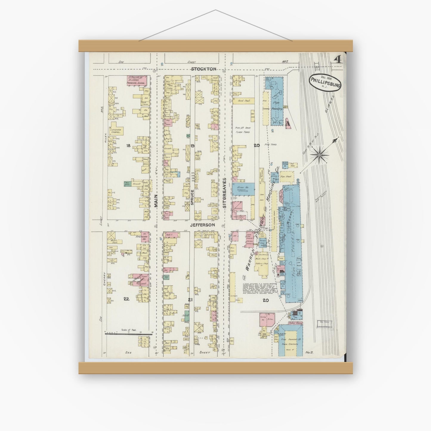 Old map wall art mockup — magnetic wood frame on white wall — Sanborn Fire Insurance Map from Phillipsburg, Warren County, New Jersey (1890), Sheet #0004