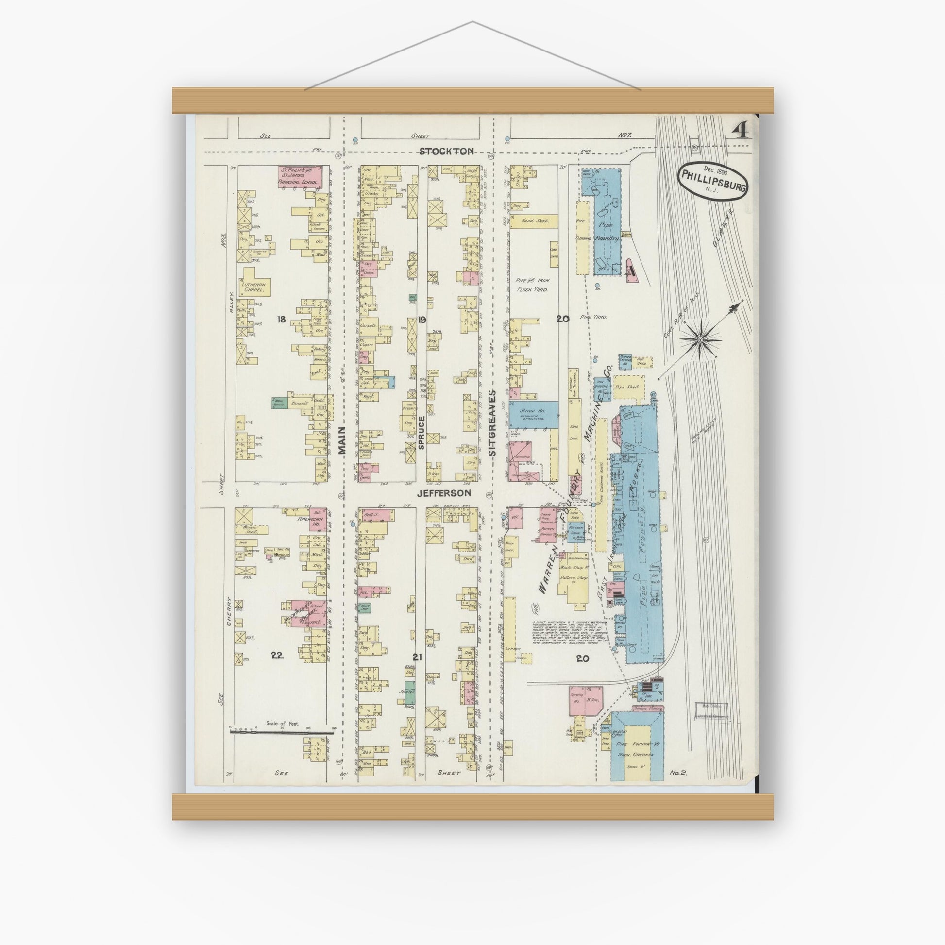 Old map wall art mockup — magnetic wood frame on white wall — Sanborn Fire Insurance Map from Phillipsburg, Warren County, New Jersey (1890), Sheet #0004