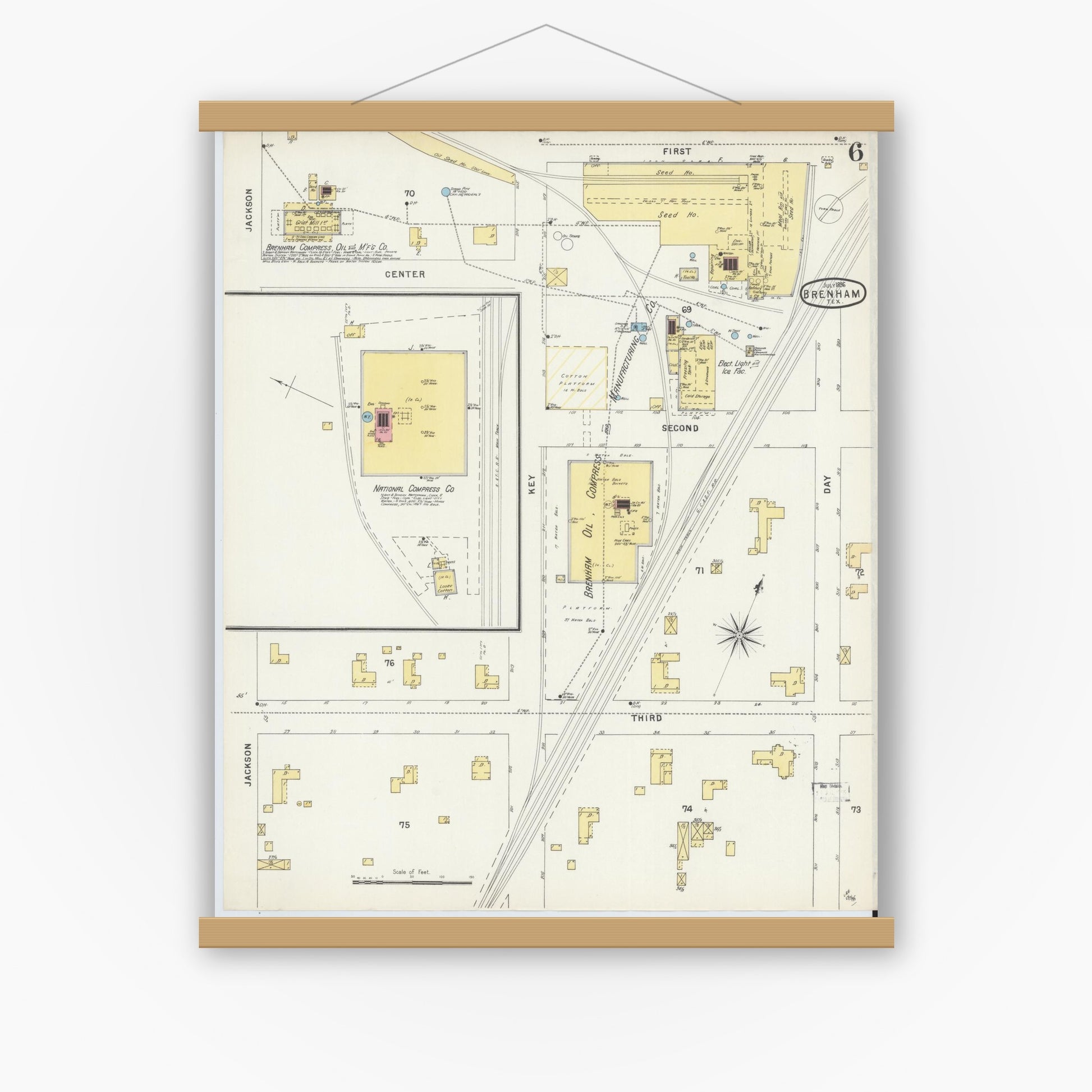 Old map wall art mockup — magnetic wood frame on white wall — Sanborn Fire Insurance Map from Brenham, Washington County, Texas (1896), Sheet #0006