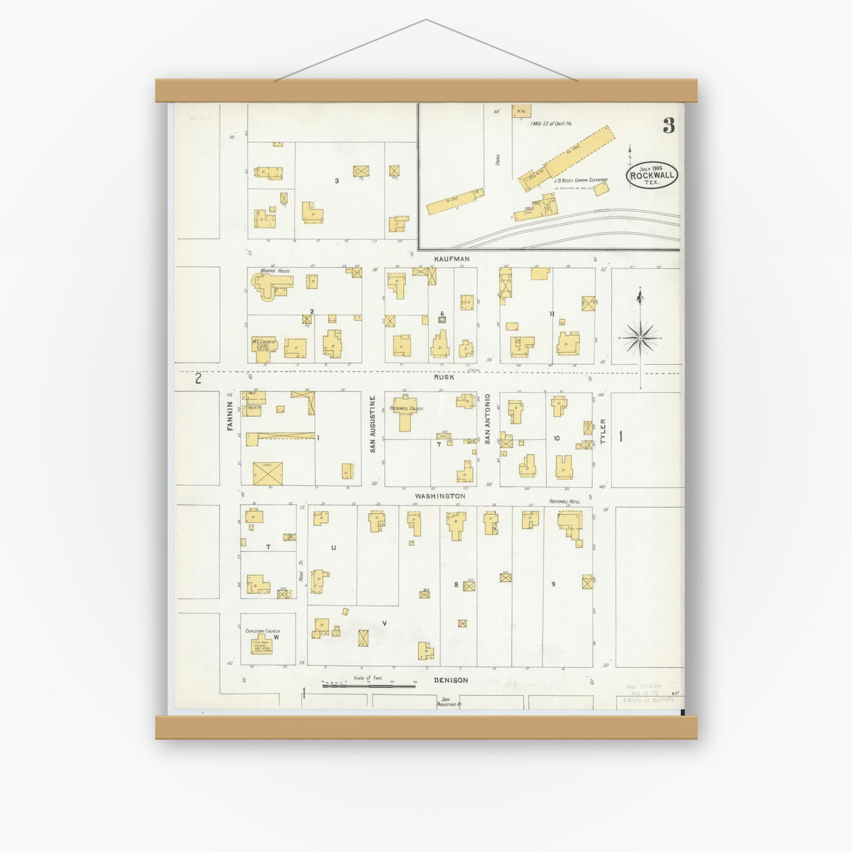 Old map wall art mockup — magnetic wood frame on white wall — Sanborn Fire Insurance Map from Rockwall, Rockwall County, Texas (1905), Sheet #0003