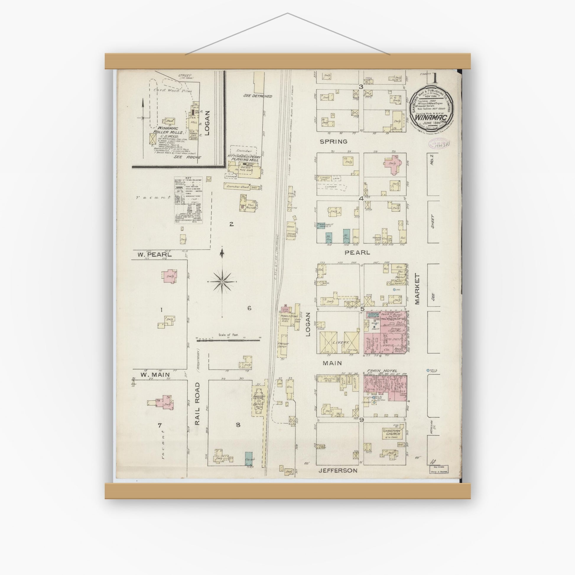 Old map wall art mockup — magnetic wood frame on white wall — Sanborn Fire Insurance Map from Winamac, Pulaski County, Indiana (1886), Sheet #0001