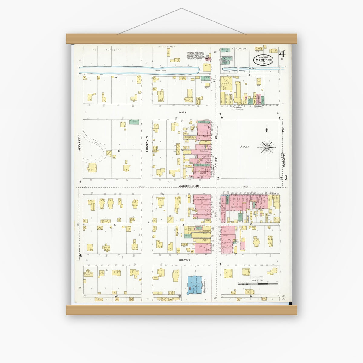 Old map wall art mockup — magnetic wood frame on white wall — Sanborn Fire Insurance Map from Marengo, Iowa County, Iowa (1906), Sheet #0004