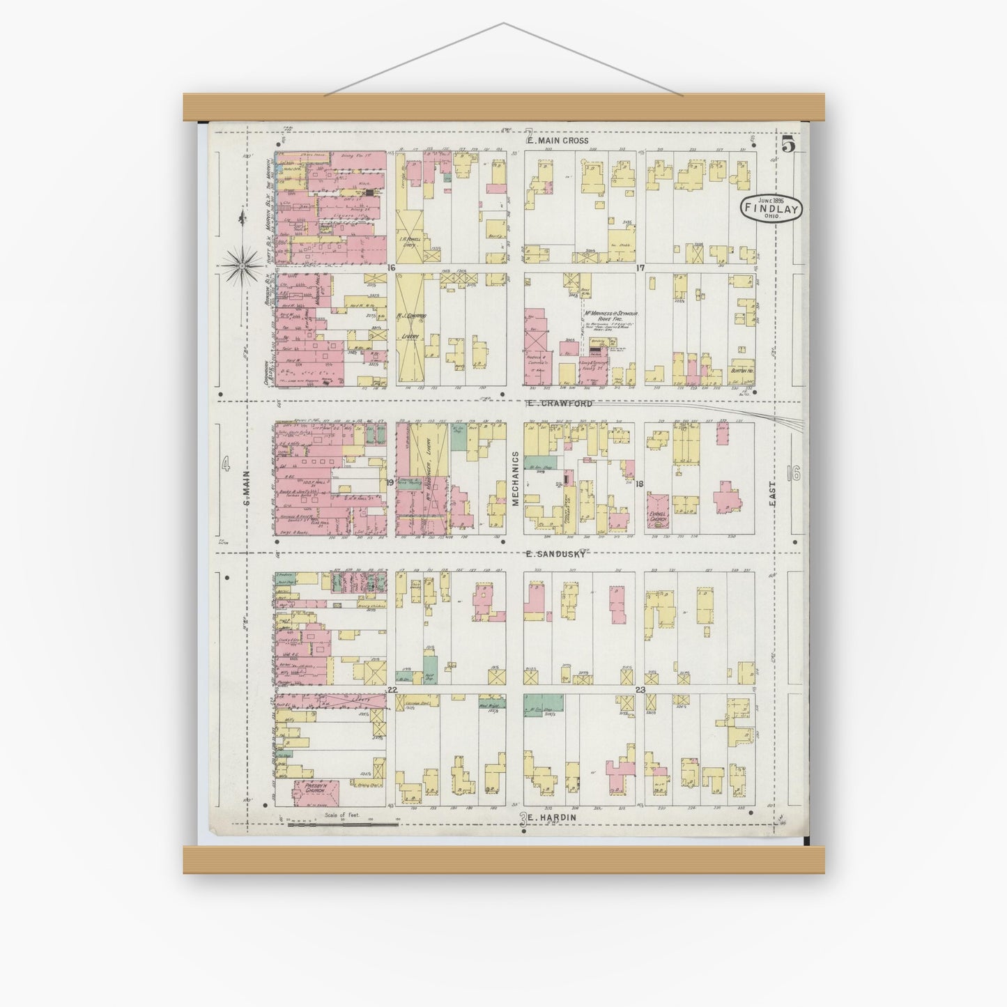 Old map wall art mockup — magnetic wood frame on white wall — Sanborn Fire Insurance Map from Findlay, Hancock County, Ohio (1895), Sheet #0005
