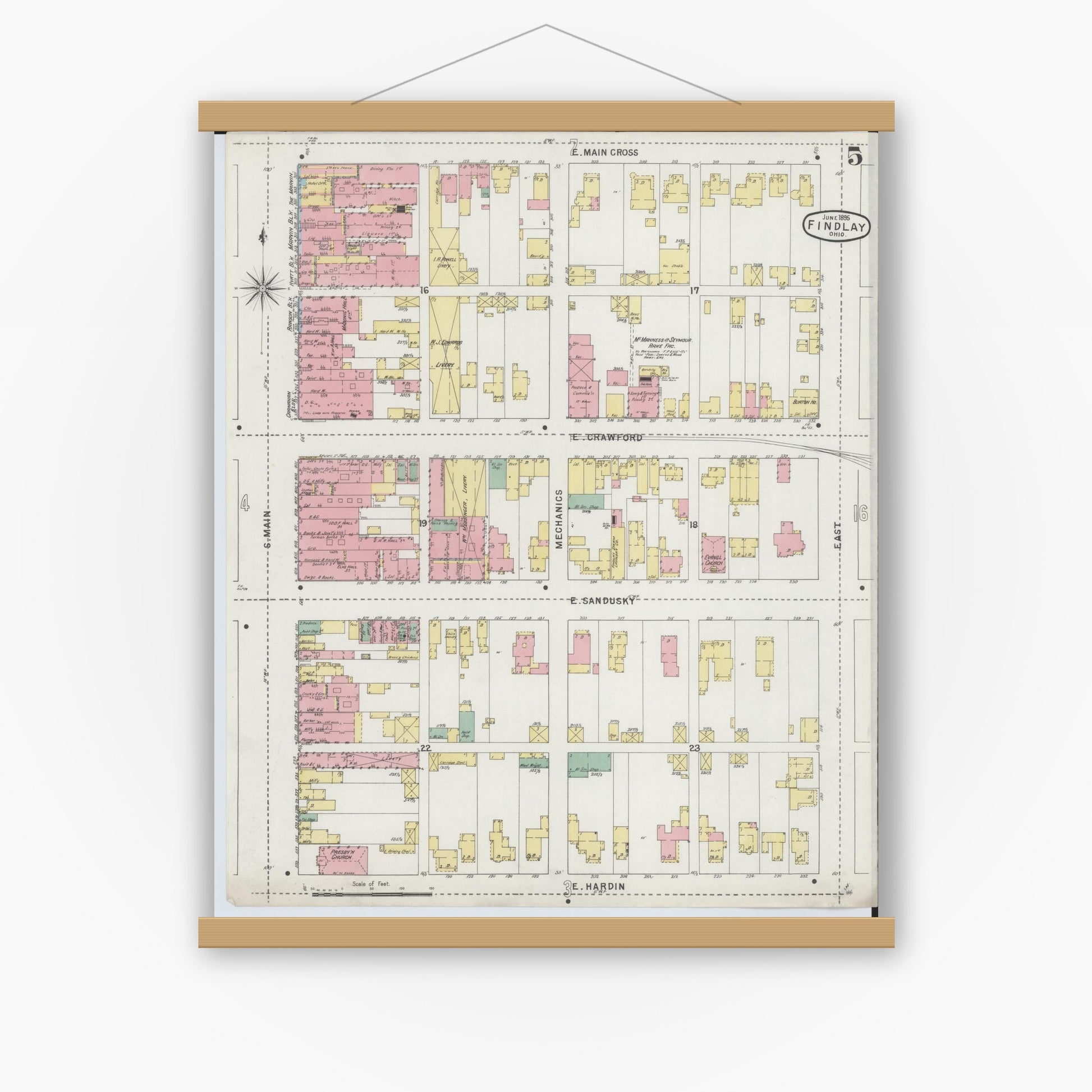 Old map wall art mockup — magnetic wood frame on white wall — Sanborn Fire Insurance Map from Findlay, Hancock County, Ohio (1895), Sheet #0005