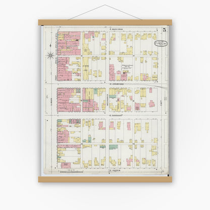 Old map wall art mockup — magnetic wood frame on white wall — Sanborn Fire Insurance Map from Findlay, Hancock County, Ohio (1895), Sheet #0005