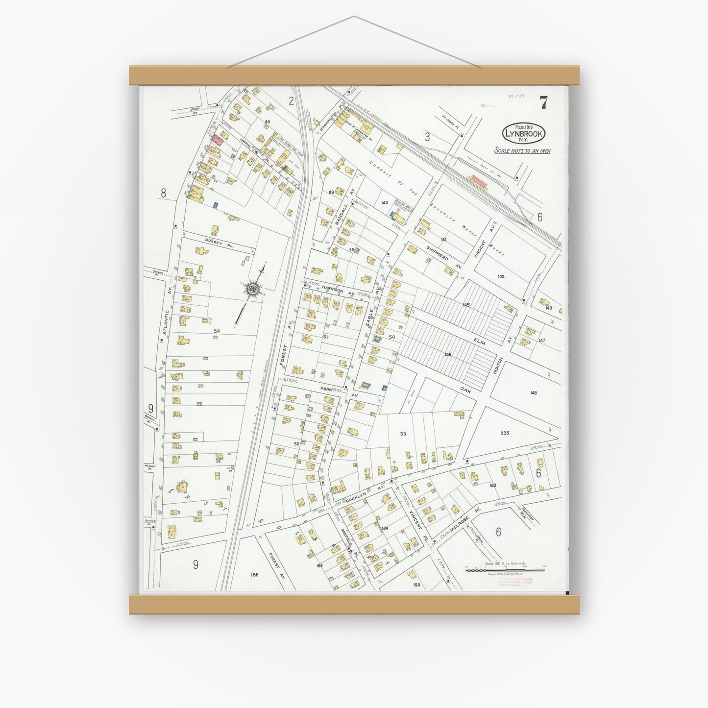 Old map wall art mockup — magnetic wood frame on white wall — Sanborn Fire Insurance Map from Lynbrook, Nassau County, New York (1919), Sheet #0007