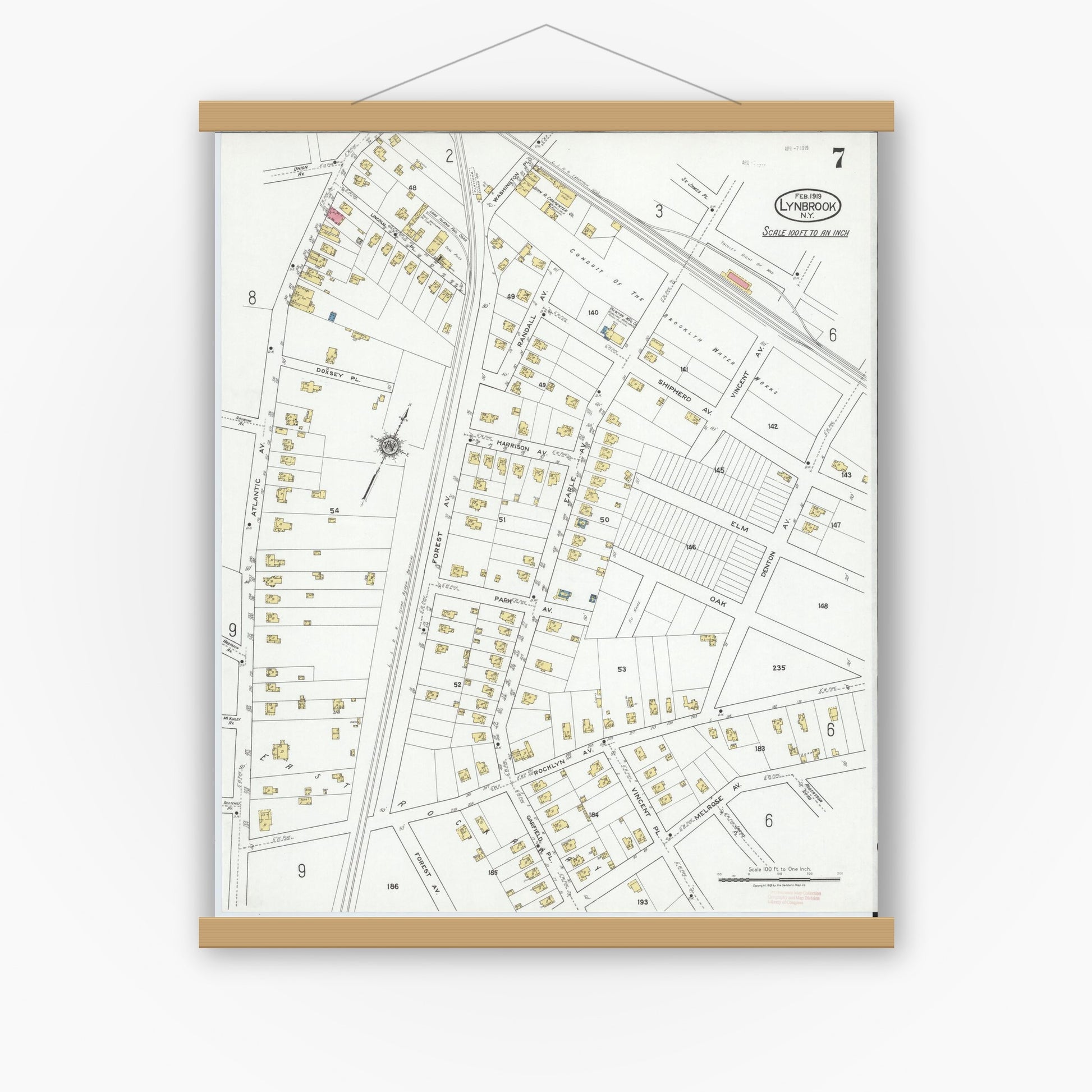 Old map wall art mockup — magnetic wood frame on white wall — Sanborn Fire Insurance Map from Lynbrook, Nassau County, New York (1919), Sheet #0007