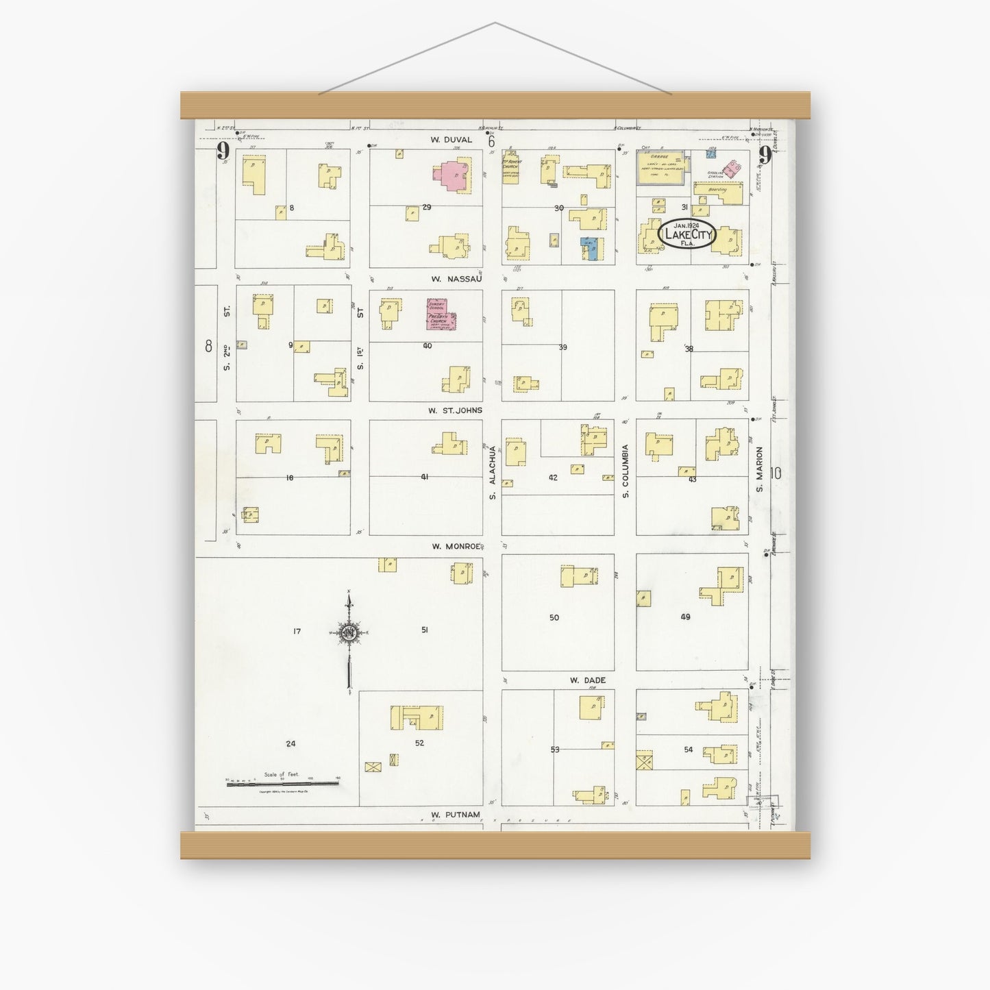 Old map wall art mockup — magnetic wood frame on white wall — Sanborn Fire Insurance Map from Lake City, Columbia County, Florida (1924), Sheet #0009