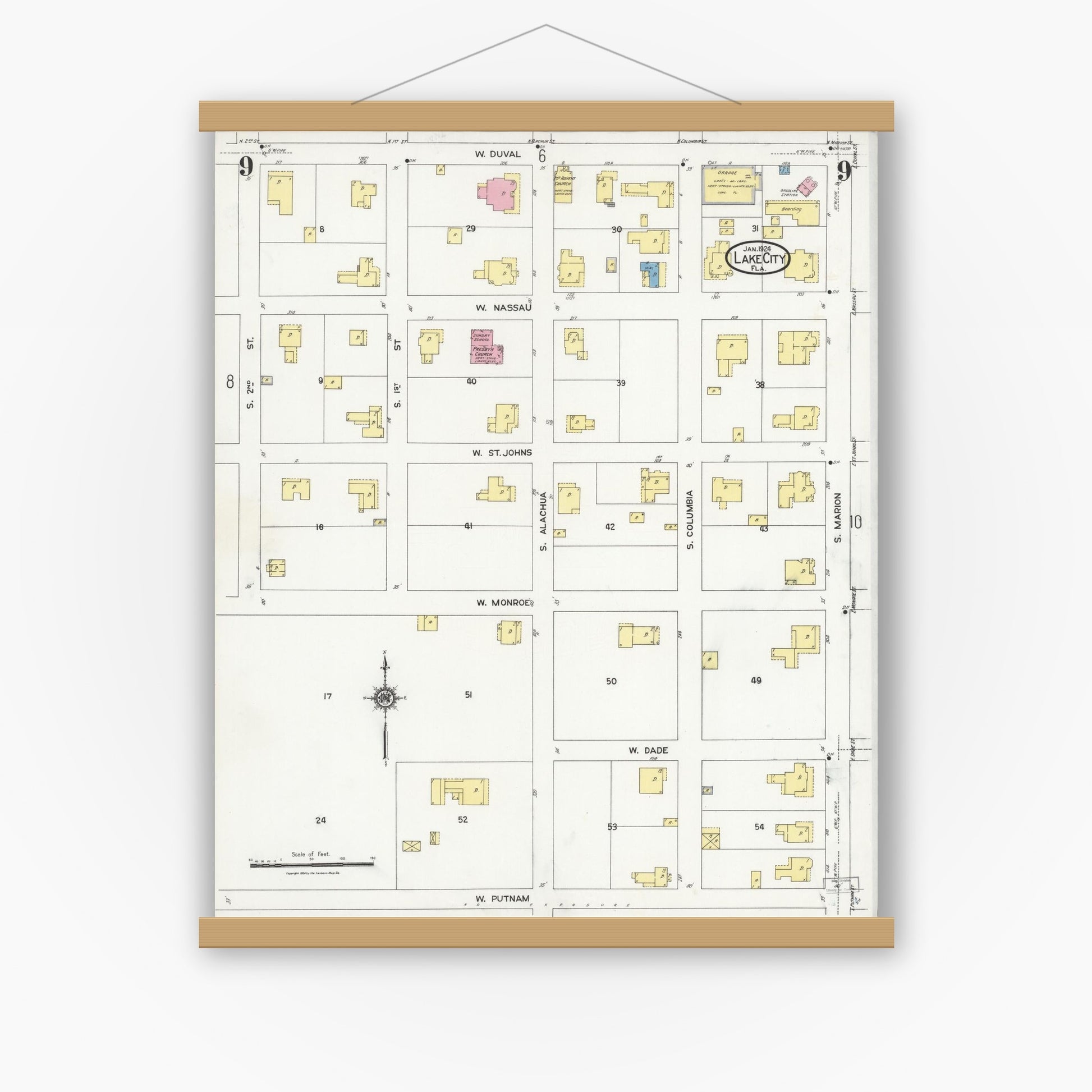 Old map wall art mockup — magnetic wood frame on white wall — Sanborn Fire Insurance Map from Lake City, Columbia County, Florida (1924), Sheet #0009